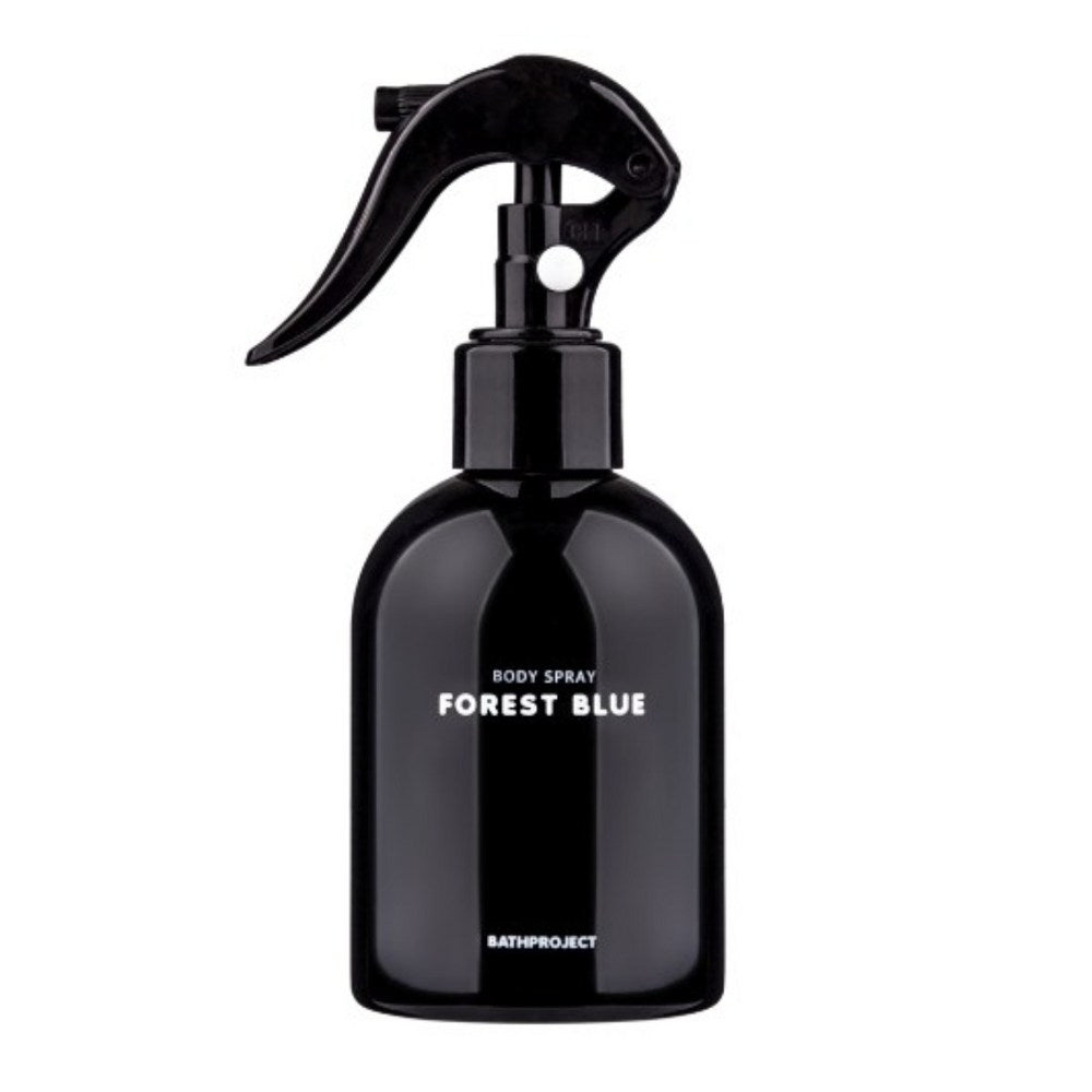 Bath Project Forest Blue body spray in a glossy black bottle with a curved trigger dispenser on white