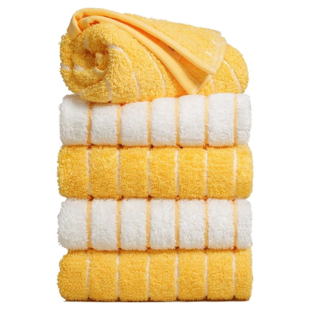 Towel Talk Seacline face towels stacked in yellow and white striped designs, with a loose fold on top