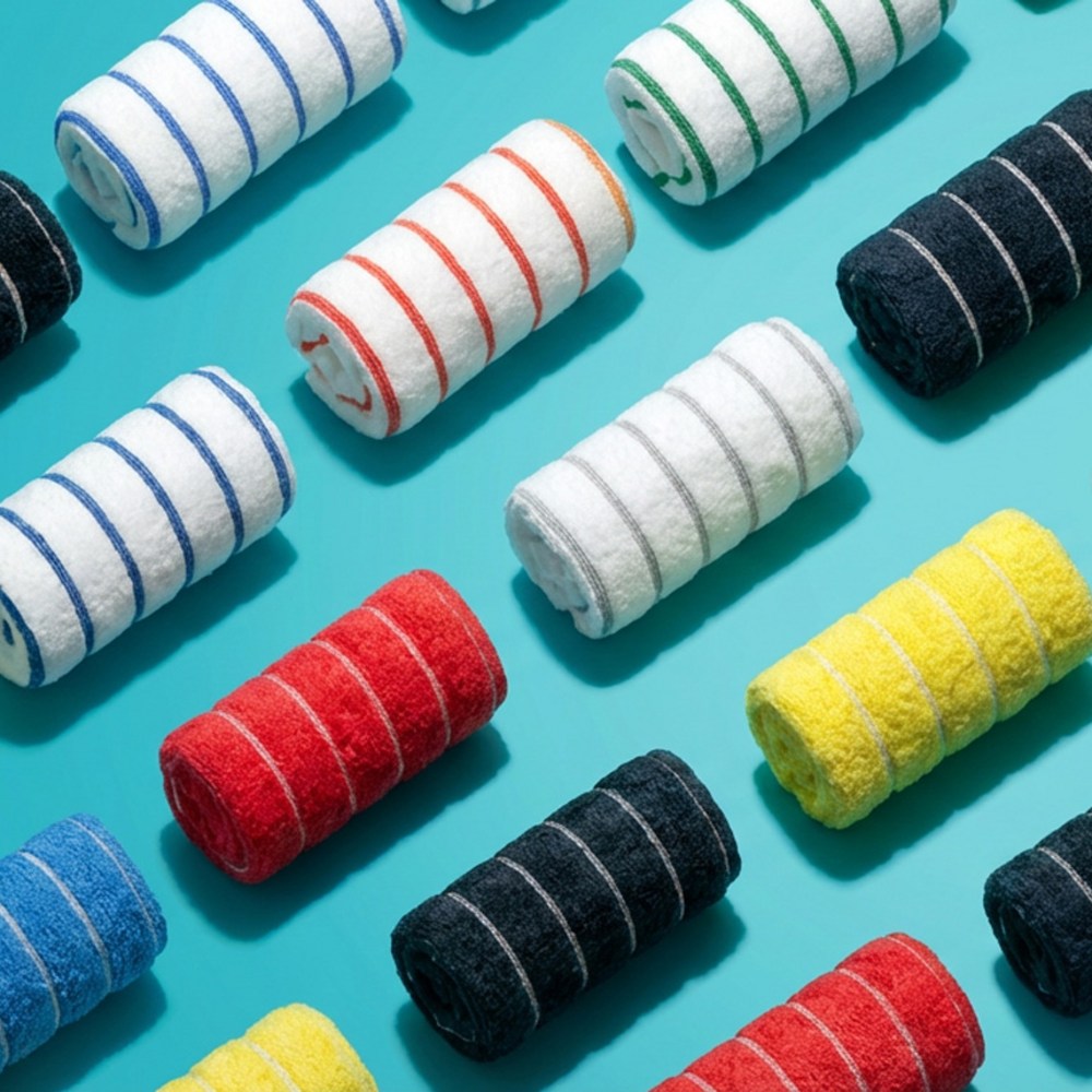 Towel Talk Seacline face towels rolled across a turquoise surface in assorted colours with narrow stripes