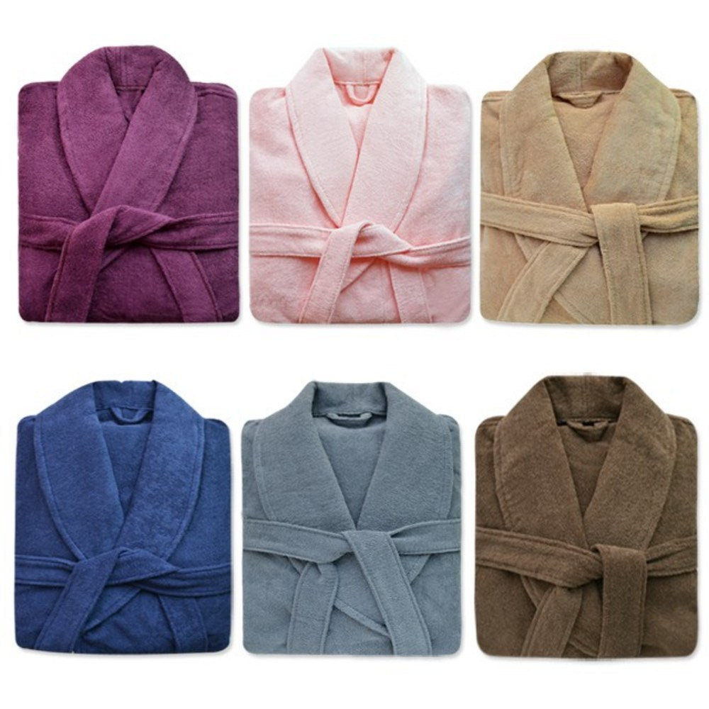 Songwol White Bathrobe M collection reference showing six folded robes in purple, pink, beige, blue, gray and brown