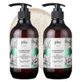 PLU Raspberry Mint body wash in two dark pump bottles with green botanical labels against a pale scrub texture