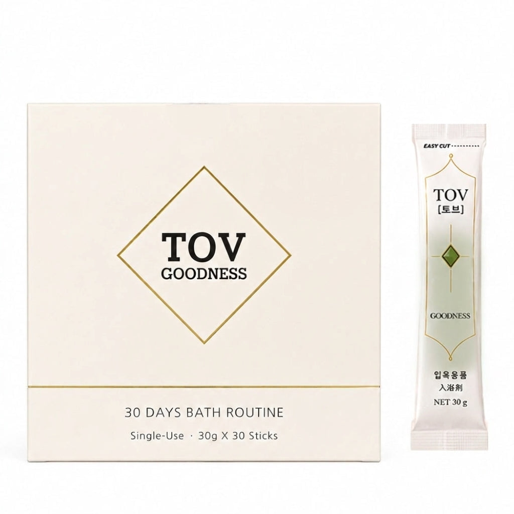 Tob Goodness herbal bath soak box marked thirty 30g sticks beside a single TOV Goodness sachet
