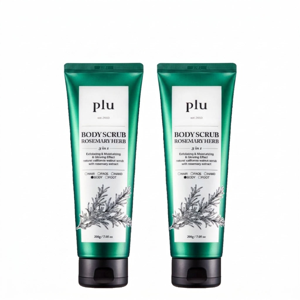 PLU Rosemary Herb Body Scrub in two green 200g tubes with white botanical labels and black flip-top caps