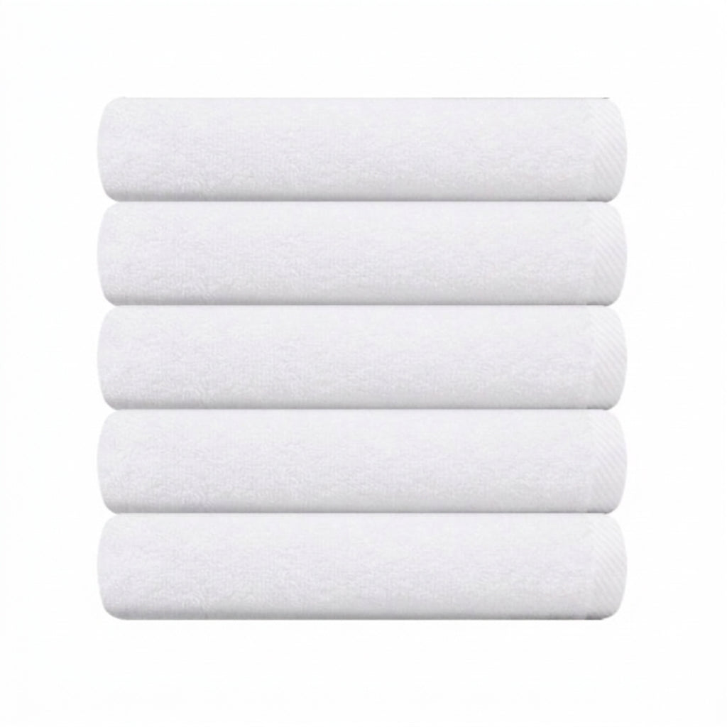 Songwol plain cotton towels in white, shown as a stack of five folded towels with subtle borders at the right