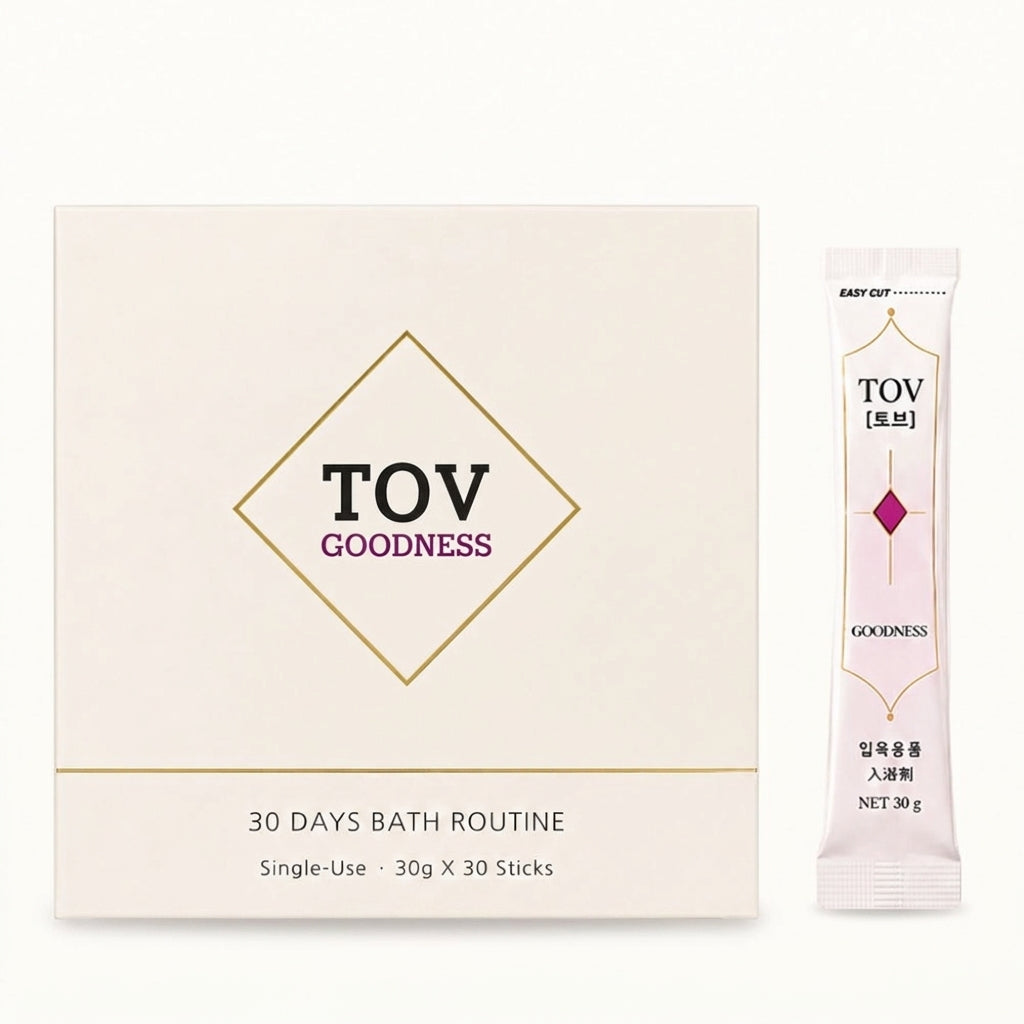 Tob Goodness rose bath soak cream box beside a pink sachet, with purple Goodness lettering and 30g x 30 sticks