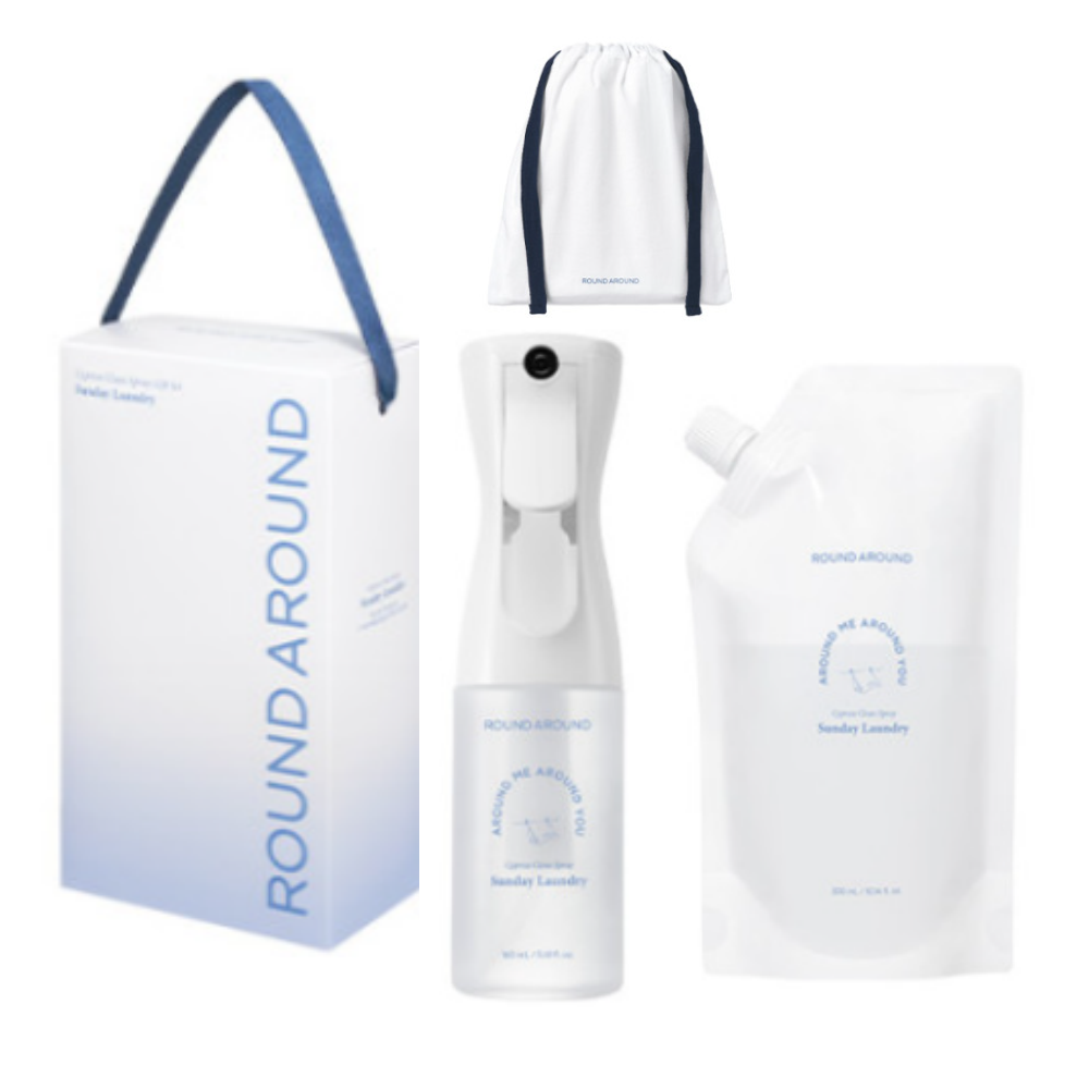 Round Around Hinoki Clean Spray set with a white spray bottle, refill pouch, blue-handled box and drawstring bag