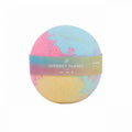 Labsbalm Sherbet Planet Bath Bomb with pastel blue, pink and yellow patches and a printed band on a white background.