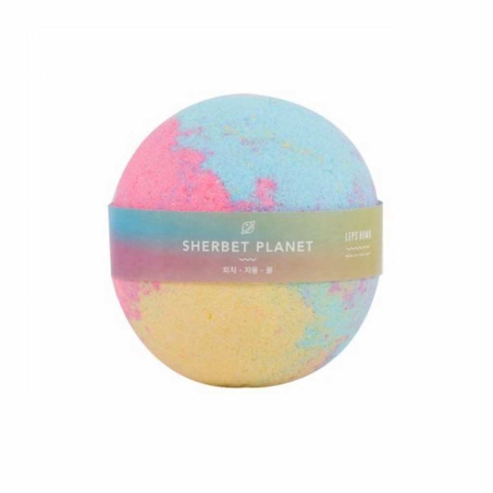 Labsbalm Sherbet Planet Bath Bomb with pastel blue, pink and yellow patches and a printed band on a white background.