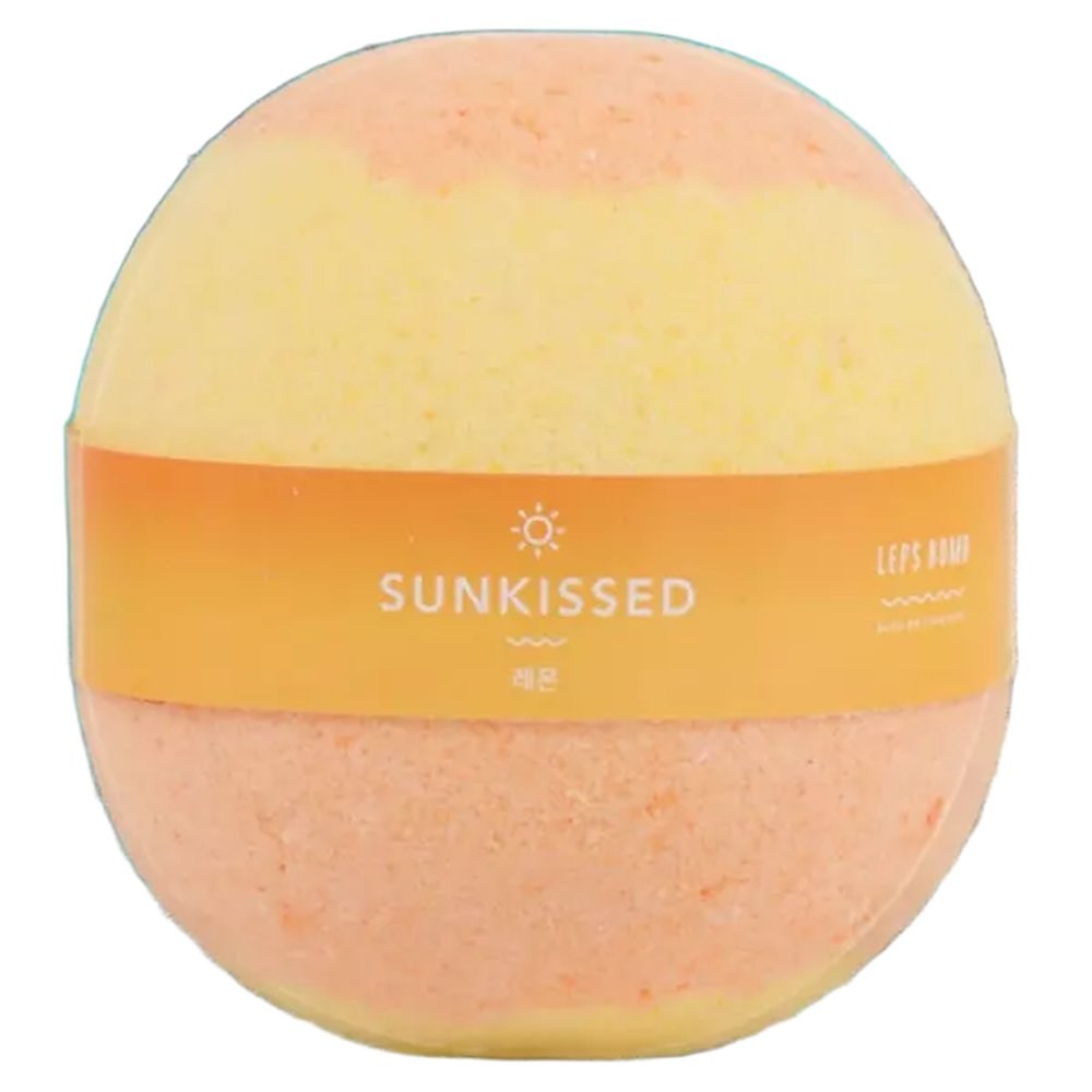 Labsbalm Sun-kissed bath bomb with peach and yellow layers and an orange Sunkissed band against white