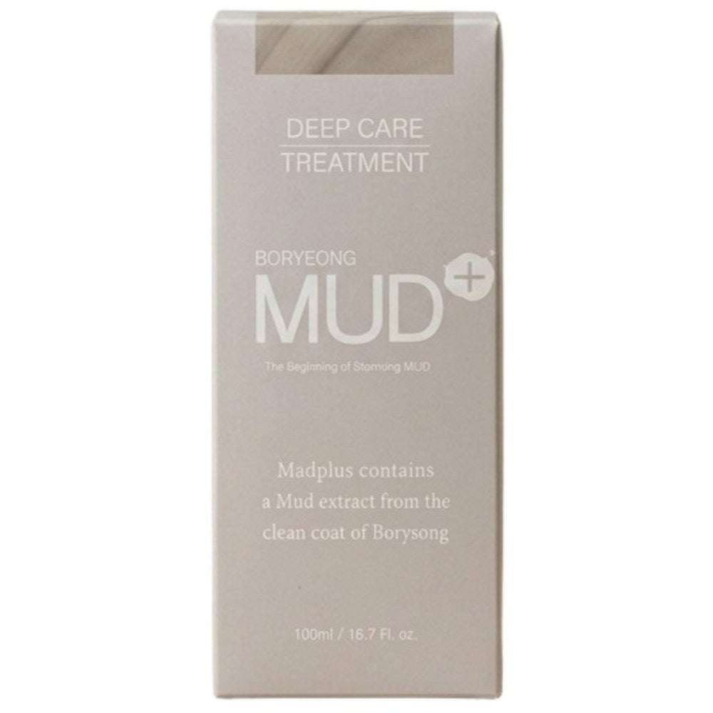 Boryeong Mud Deep Care Hair Treatment carton in beige, with white MUD+ lettering and a pale panel at the top