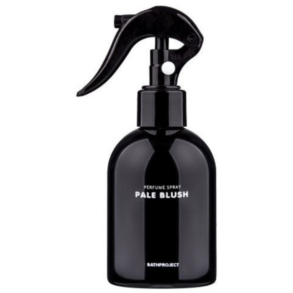 Bath Project Pale Blush perfume spray in a rounded glossy black bottle with white lettering and a curved trigger