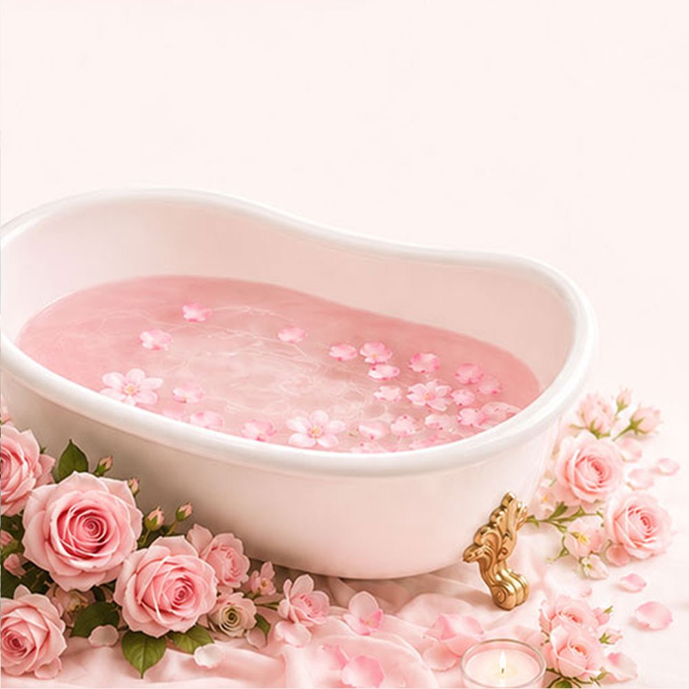 Tob Goodness rose bath soak styled scene with a white clawfoot tub, pink bathwater, rose petals, flowers and candle