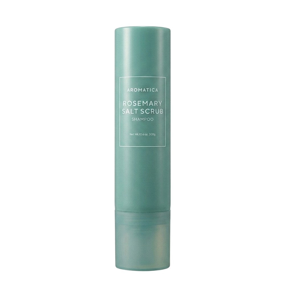 Aromatica Rosemary Salt Scrub Shampoo single green cylindrical bottle showing the white front label and lower cap