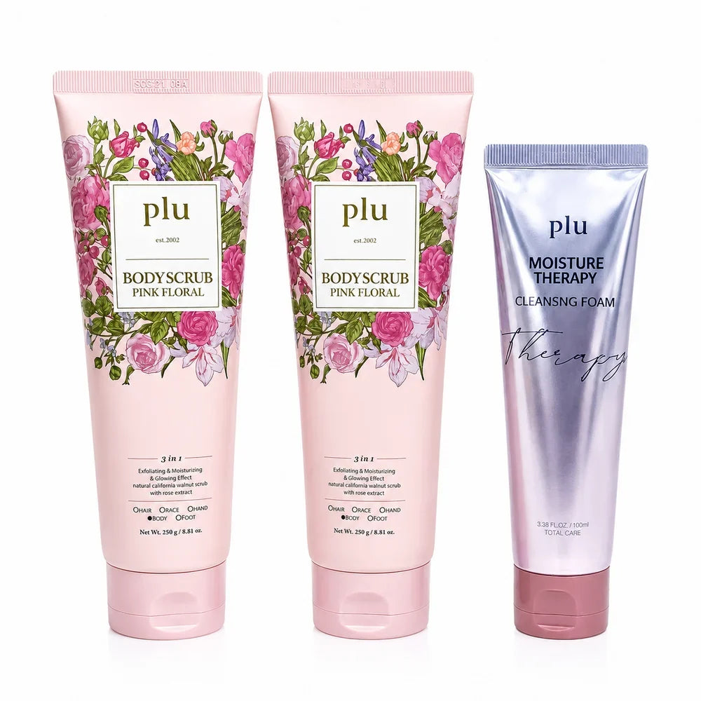 PLU Pink Floral Body Scrub set with two pink 250g tubes and one lavender 100ml cleansing foam tube